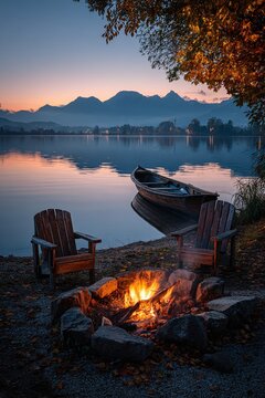 a bonfire in front of two chairs at sunset and a small boat on the lake