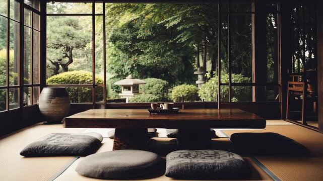 A Japanese style living room with a wooden table and chairs. There are two vases on the table. Minimalist Japanese-inspired room, low teak wood furniture table, floor cushions, serene atmosphere