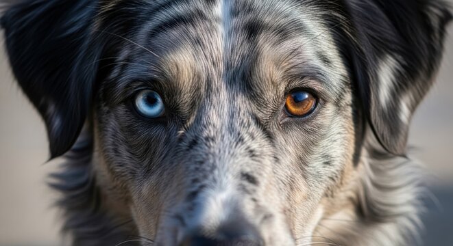 Striking Australian Shepherd dog with mesmerizing heterochromia unique blue and amber eyes