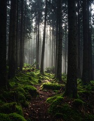 Obraz premium A misty forest scene with a path winding through tall trees, vibrant green moss