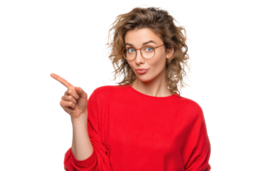 young blonde caucasian woman in red shirt and glasses pointing at something on left side for product or text advertisement isolated on white or transparent png