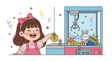 A young girl excitedly inserts a coin into a claw machine to win prizes.