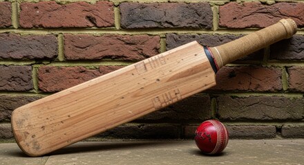 Old wooden cricket bat and red ball resting against rustic brick wall on stone ground outdoor during daytime