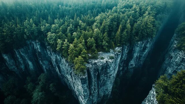 Breathtaking aerial views of a dramatic canyon landscape with lush green forest and sheer cliffs