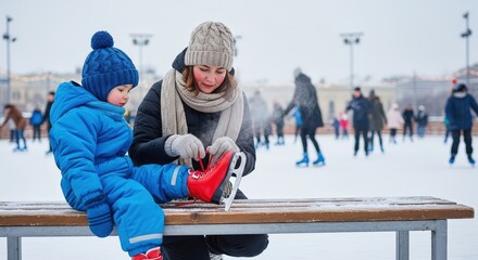 Young woman helping boy lace up his red ice skates on a snowy bench at an outdoor ice skating rink in winter