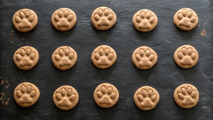Delicious homemade dog treat with paw print pattern on dark background