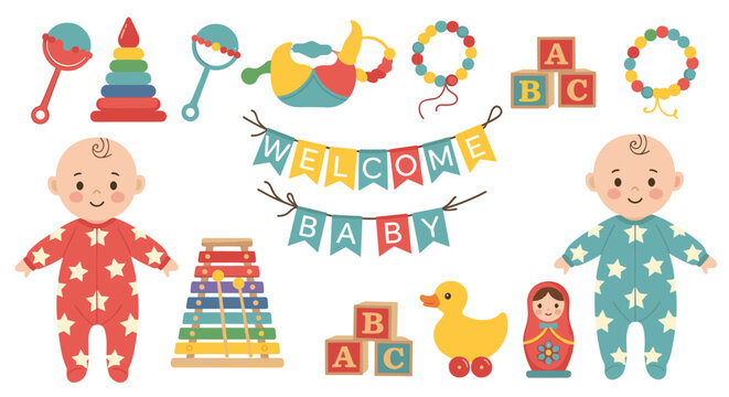 Welcome baby celebration with colorful toys and decorations.