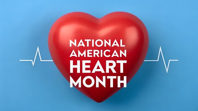 National american heart month text with red heart on blue background
