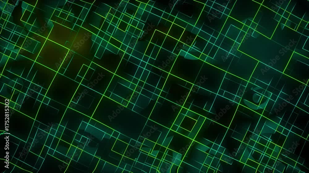 Wall mural glowing neon line work with rotating squares animation on dark gradient background dynamic motion gr