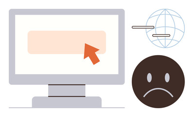 Computer screen with pointer, globe with connection lines, and sad face representing online error. Ideal for technology, user frustration, internet issues, troubleshooting, digital access, web
