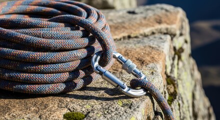 Coiled multi-colored climbing rope with attached carabiner on rough rock surface outdoors during daytime