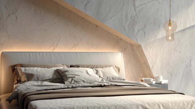 A white bed with a lamp on it. The lamp is on the left side of the bed. Minimalist bedroom with low-profile bed, geometric side tables, mid century modern neutral warm lighting