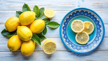 A beautifully arranged Salad blue plate with Lemon Sliced and a glass of Fresh Lemon Juice on white background