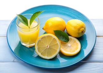 A beautifully arranged Salad blue plate with Lemon Sliced and a glass of Fresh Lemon Juice on white background