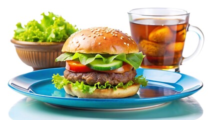 Delicious Hamburger arranged on a blue plate with a glass of drink and fresh lettuce, cucumber salad decorated on a small bowls with sauce on a different small bowls on white background