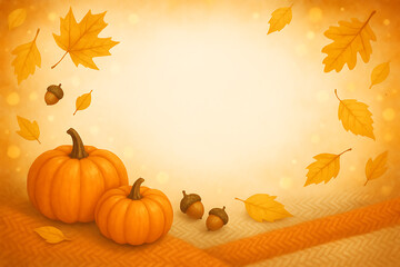 Autumn pumpkins and falling leaves background with acorns for seasonal thanksgiving design