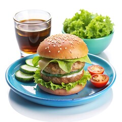 Delicious Hamburger arranged on a blue plate with a glass of drink and fresh lettuce, cucumber salad decorated on a small bowls with sauce on a different small bowls on white background