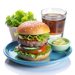 Delicious Hamburger arranged on a blue plate with a glass of drink and fresh lettuce, cucumber salad decorated on a small bowls with sauce on a different small bowls on white background