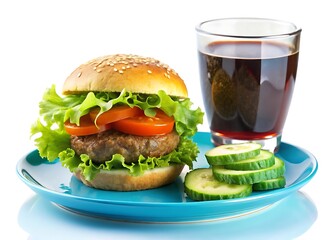 Delicious Hamburger arranged on a blue plate with a glass of drink and fresh lettuce, cucumber salad decorated on a small bowls with sauce on a different small bowls on white background