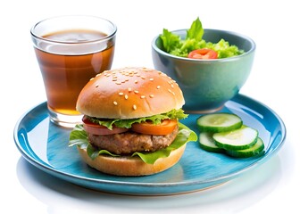 Delicious Hamburger arranged on a blue plate with a glass of drink and fresh lettuce, cucumber salad decorated on a small bowls with sauce on a different small bowls on white background