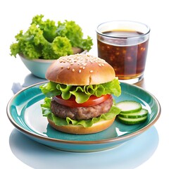 Delicious Hamburger arranged on a blue plate with a glass of drink and fresh lettuce, cucumber salad decorated on a small bowls with sauce on a different small bowls on white background