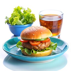 Delicious Hamburger arranged on a blue plate with a glass of drink and fresh lettuce, cucumber salad decorated on a small bowls with sauce on a different small bowls on white background