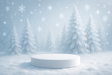 Winter snowy forest background with white podium and falling snowflakes 