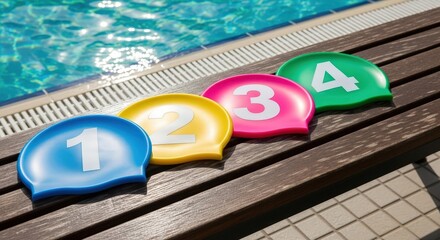 Four colorful swimming caps numbered one to four on a wooden bench beside a swimming pool in bright daylight