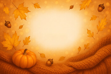 Cozy autumn pumpkin background with knitted blanket acorns and falling leaves for design