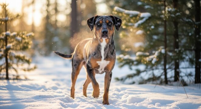A beautiful Catahoula Leopard Dog enjoys a peaceful snowy winter forest in golden light