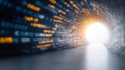 Digital Data Journey: Futuristic tunnel of data points, leads toward a bright light at the end, symbolizing data exploration and digital innovation. - Powered by Adobe