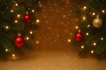 Christmas tree branches with red and gold baubles and festive lights on golden background