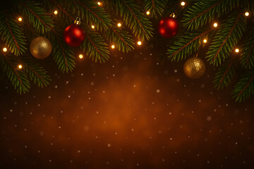Christmas garland with glowing lights red baubles and snowflakes on warm festive background