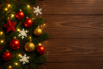 Christmas tree branches with baubles star and snowflakes glowing lights on wood background