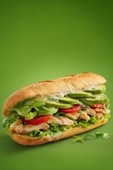 Fresh and Delicious Chicken Avocado Sandwich with Tomato and Lettuce on Green Background Offers a Healthy Lunch Option