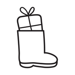 Holiday Boot with Gift. Outline icon. Vector illustration. Minimal design for Sinterklaas tradition.