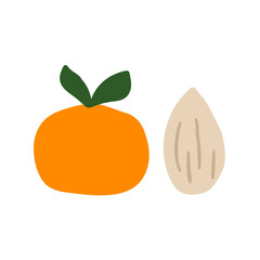 Simple vector illustration of a mandarin and nut. Minimal holiday design for traditional gifts.