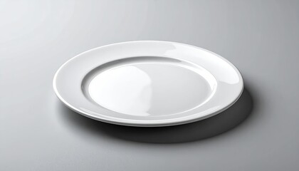 A Clean White Ceramic Dinner Plate With A Subtle Shadow On A Light Gray Studio Background With Soft Lighting Showing Its Smooth Texture