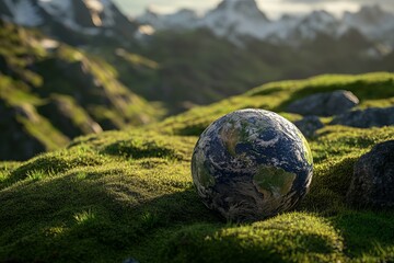 Earth nestled in a grassy mountain landscape
