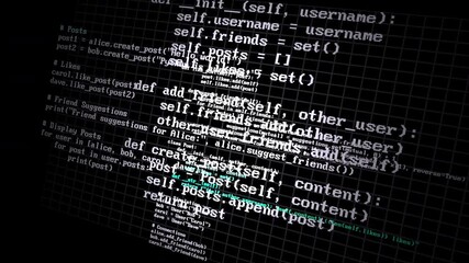 Animated computer code text overlays display social network references - Powered by Adobe