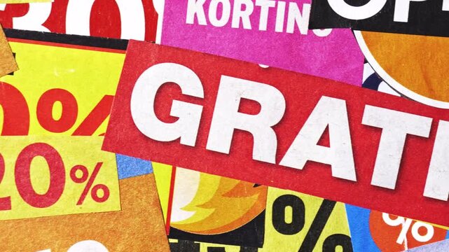 Dutch discount collage panning to reveal bold &ldquo;GRATIS!&rdquo; in a smooth pan
