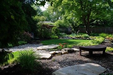 Lush backyard garden with stone pathways and bench