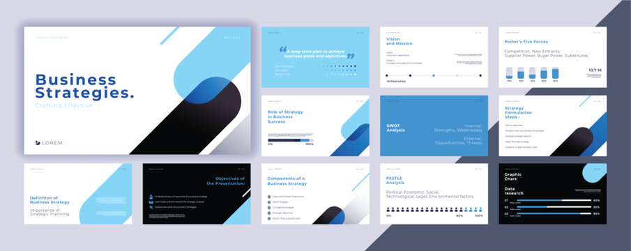 Abstract powerpoint presentation templates set, blue color identity presentation background, banner template, brochure, landing page, company profile, business design package set, vector illustration.