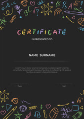 Cute kids certificate template in hand drawn doodle style. Fun color chalk style border with school themed elements: stars, sun, rainbow, numbers, and geometric shapes on blackboard. Editable vector