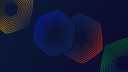 Abstract geometric vector background featuring overlapping pentagon line shapes in gradient colors on a dark navy backdrop. The design uses smooth, concentric outlines in blue, orange, green, and red 