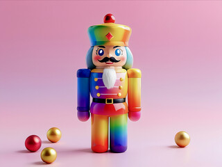Festive nutcracker figure in rainbow hues against colorful backdrop
