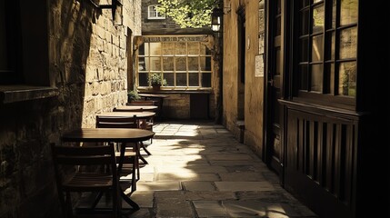 Sun-drenched alleyway with antique tables