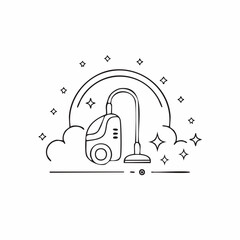 Simple Line Art Vacuum Cleaner with Cleaning Symbols.