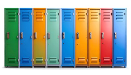 A row of colorful school lockers, each with a unique bright hue, standing in a neat line