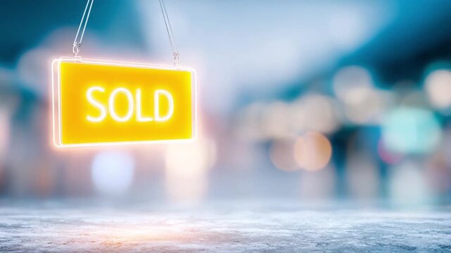 Sold Sign: A luminous SOLD sign glows brightly against a blurred, city-like backdrop, symbolizing successful transaction and finalized sale, a blend of achievement and aspiration.